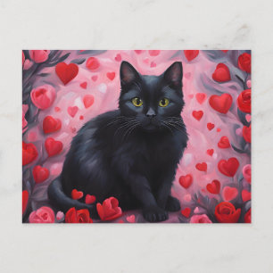 Valentijnsdag Zwarte Kat met Harten en Rozen  Feestdagenkaart