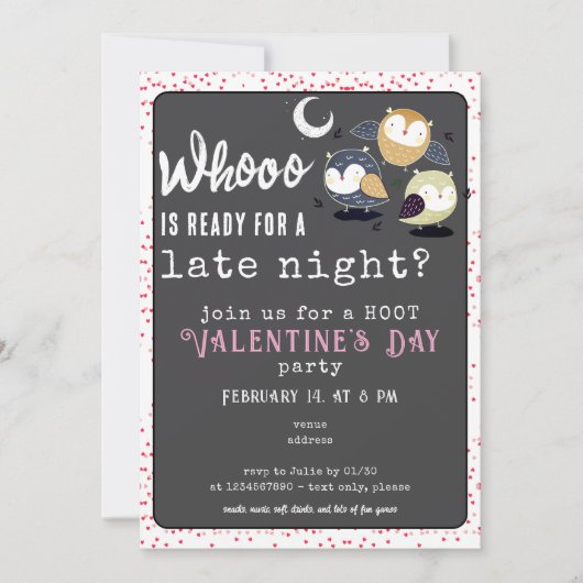 Valentijnsdagfeest Late Night Uil Thema Kaart (Voorkant)