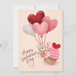 Valentijnsdagkaart met hartballonnen en cupcake