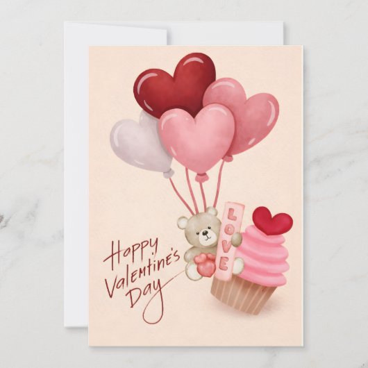 Valentijnsdagkaart met hartballonnen en cupcake (Voorkant)