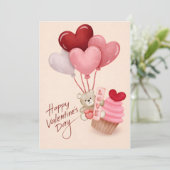 Valentijnsdagkaart met hartballonnen en cupcake (Staand voorkant)