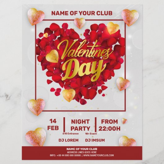 Valentijnse 3D Golden & Red Hearts Square Party Flyer (Voorkant)