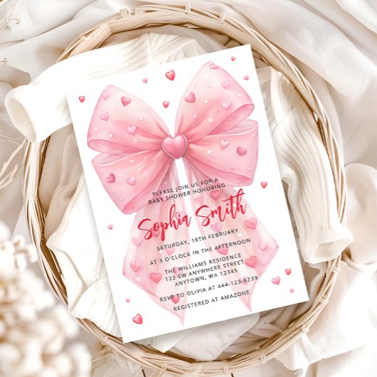 Valentijnse Baby shower Pink Bow Hearts Kaart