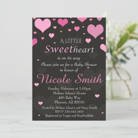 Valentijnse Baby shower Uitnodiging, Roze Shower Kaart (Staand voorkant)