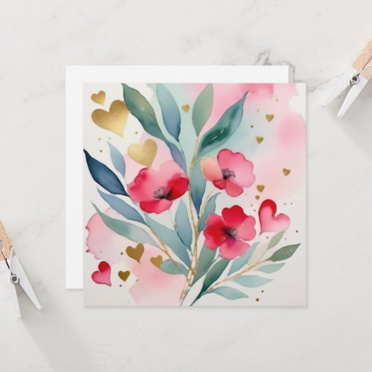 Valentijnse  Bloemen en harten Valentijns  Kaart (Voorkant / Achterkant in situ)