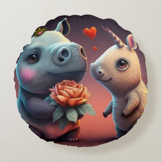 Valentijnse cartoon hippo rond kussen (Voorkant)
