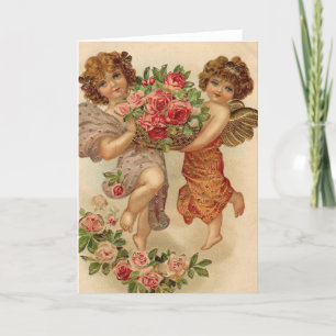 Valentijnse Cherubs Holding Flowers Feestdagen Kaart
