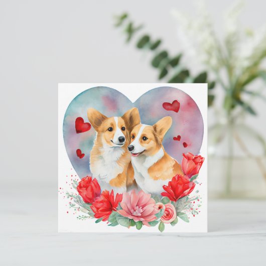 Valentijnse  Corgi Pair, Heart, Flowers, Waterverf Feestdagenkaart (Staand voorkant)