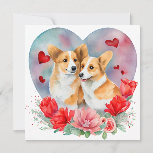 Valentijnse  Corgi Pair, Heart, Flowers, Waterverf Feestdagenkaart (Voorkant)