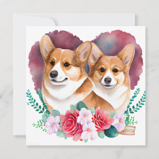 Valentijnse  Corgi Pair, Heart, Flowers, Waterverf Feestdagenkaart