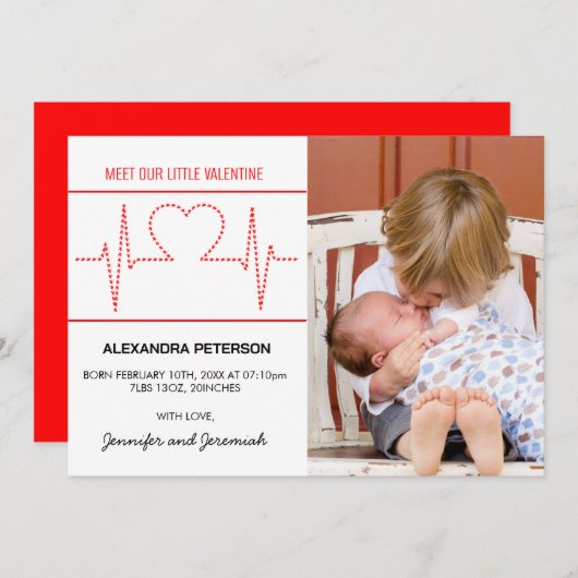 Valentijnse geboorte aankondiging hartslag rood w (Voorkant / Achterkant)