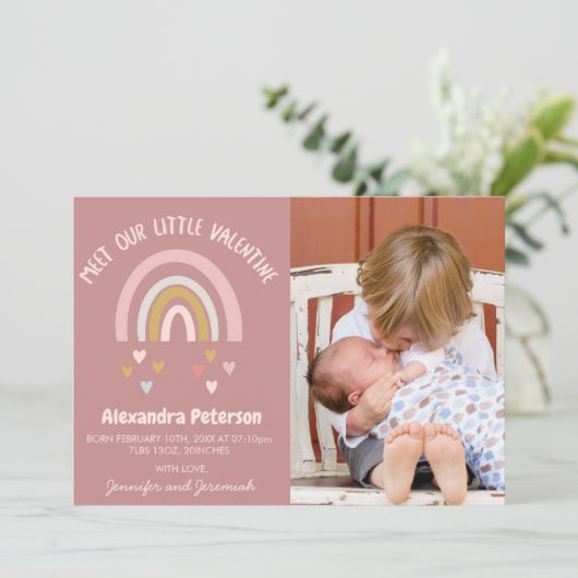 Valentijnse  geboorte aankondiging kaart regenboog (Staand voorkant)