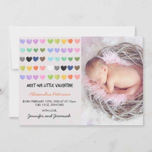 Valentijnse geboorteaankondiging kleurrijk lief ha aankondiging (Voorkant)