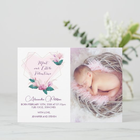 Valentijnse  geboortekaart Elegant Flower Aankondiging (Staand voorkant)