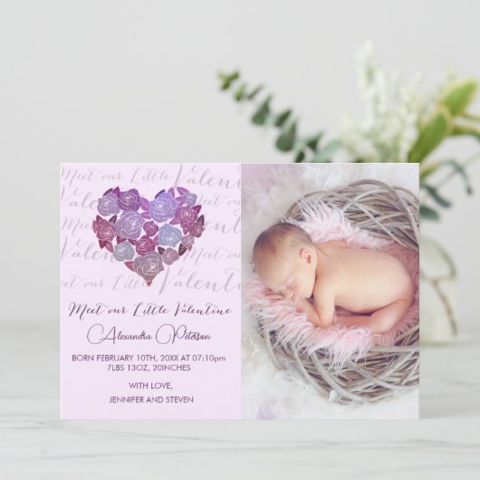 Valentijnse  geboortekaart Romantisch Aankondiging (Staand voorkant)