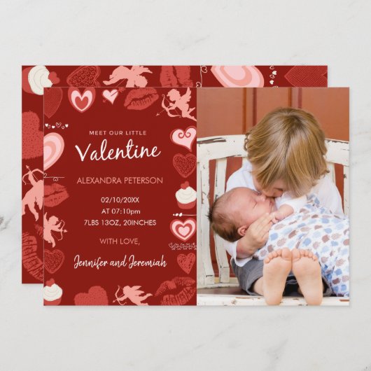 Valentijnse  Geboortekaart Rood Roze Modern Aankondiging (Voorkant / Achterkant)