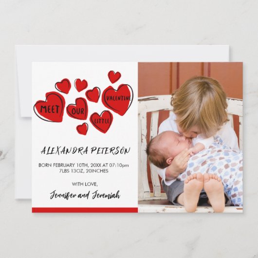 Valentijnse  Geboortekaart Rood Zoet Hart Aankondiging (Voorkant)