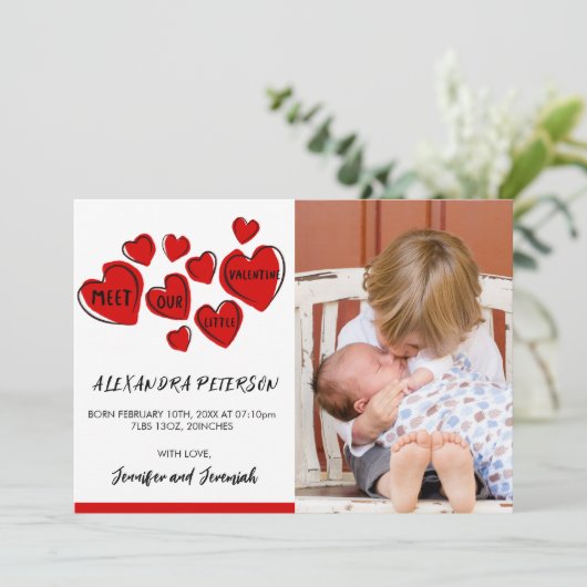 Valentijnse  Geboortekaart Rood Zoet Hart Aankondiging (Staand voorkant)