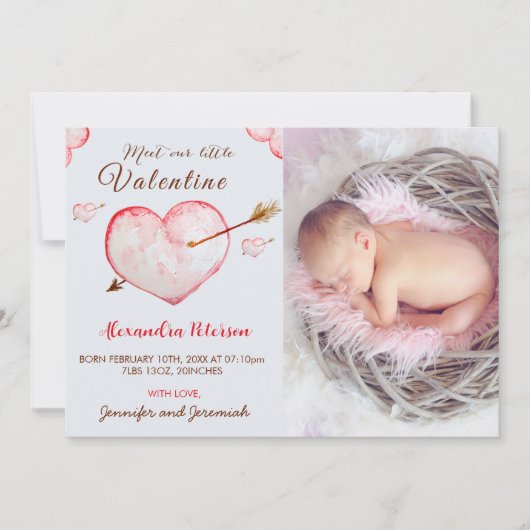 Valentijnse geboortekaartjes hartpijl aankondiging (Voorkant)