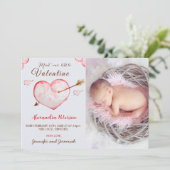 Valentijnse  geboortekaartjes hartpijl aankondiging (Staand voorkant)