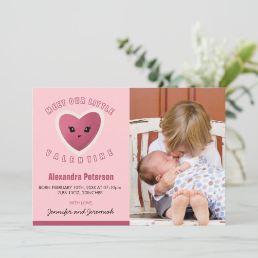Valentijnse  geboortekaartjes lief hart aankondiging (Staand voorkant)