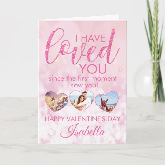 Valentijnse Girly Pink Glitter Photo Collage Kaart (Voorkant)