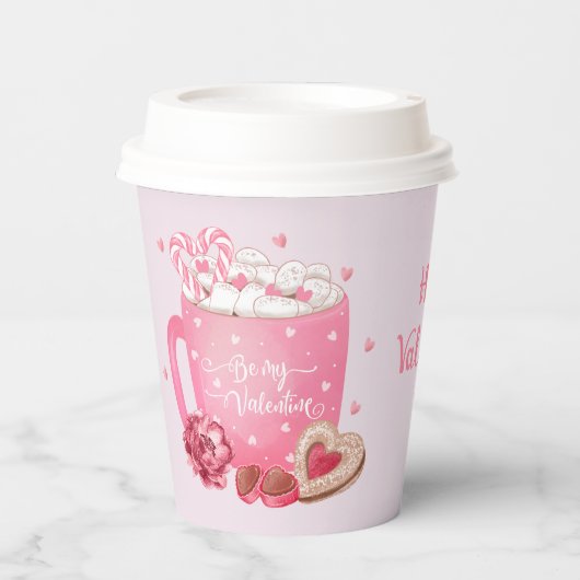 Valentijnse hete cacao, zoetstoffen en behandeling papieren bekers (Voorkant)