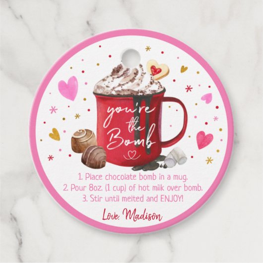 Valentijnse Hot Chocolade Bomb Pink Gold Hearts Bedankjes Labels (Voorkant)