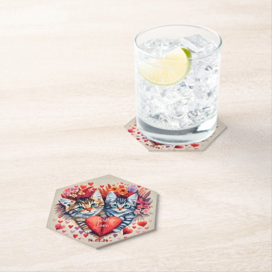 Valentijnse katten met hart kartonnen onderzetters (Insitu)