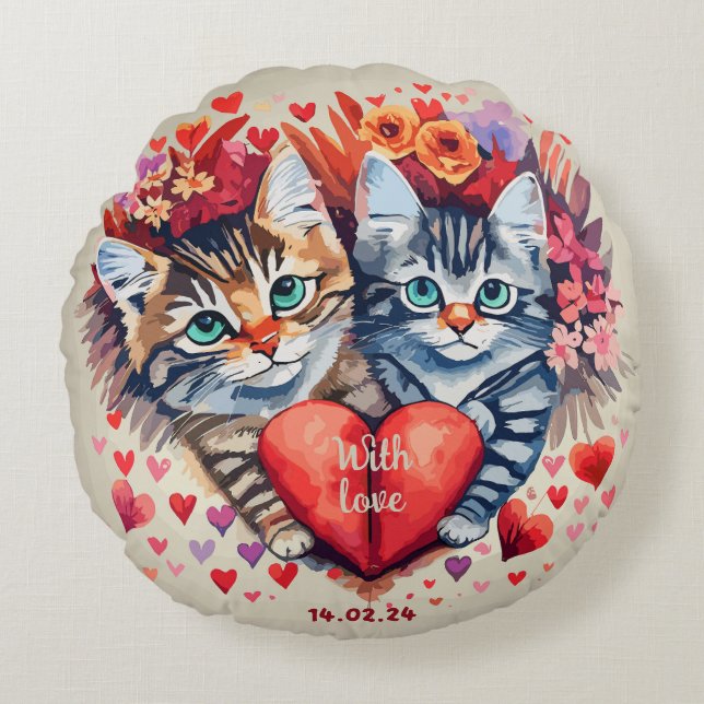 Valentijnse katten met hart rond kussen (Voorkant)