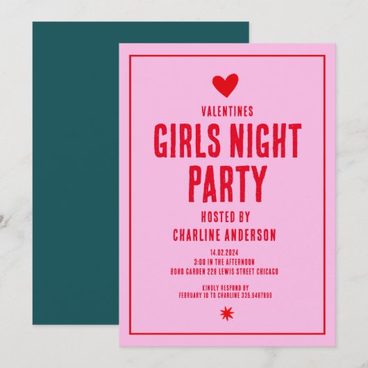 Valentijnse meisjes nacht feest kaart (Voorkant / Achterkant)