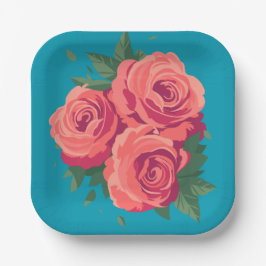 Valentijnse partij roze rozen op donker blauwgroen papieren bordje