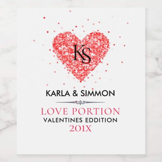 Valentijnse  rode faux glitter hart wijn etiket (Enkel label)