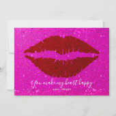 Valentijnse rode lippen roze glitter maken hart bl feestdagenkaart (Voorkant)