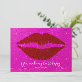 Valentijnse rode lippen roze glitter maken hart bl feestdagenkaart (Staand voorkant)