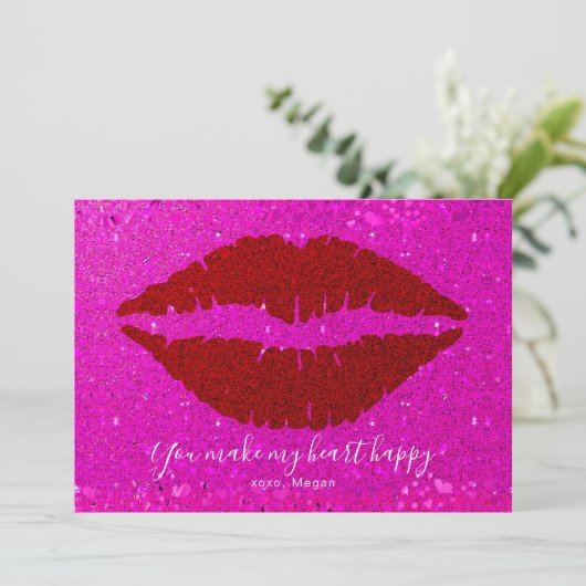 Valentijnse rode lippen roze glitter maken hart bl feestdagenkaart (Staand voorkant)