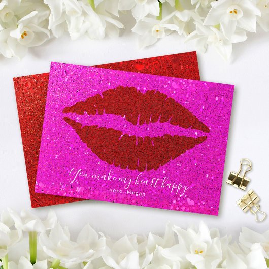 Valentijnse rode lippen roze glitter maken hart bl feestdagenkaart
