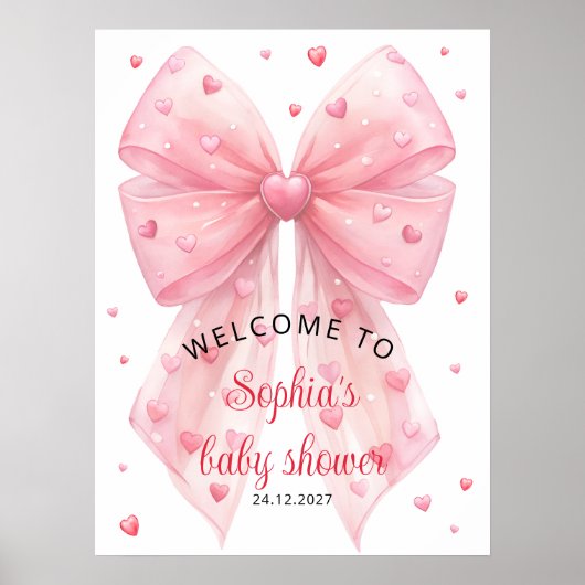Valentijnse Roze Bow Hearts Baby shower Welkom Poster (Voorkant)