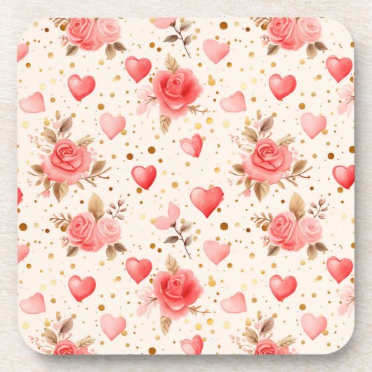 Valentijnse Roze Waterverf Rozen en harten Bier Onderzetter (Voorkant)