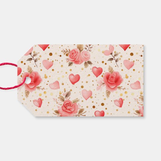 Valentijnse Roze Waterverf Rozen en harten Cadeaulabel (Achterkant Horizontaal)