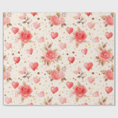 Valentijnse Roze Waterverf Rozen en harten Cadeaupapier (Vlak)