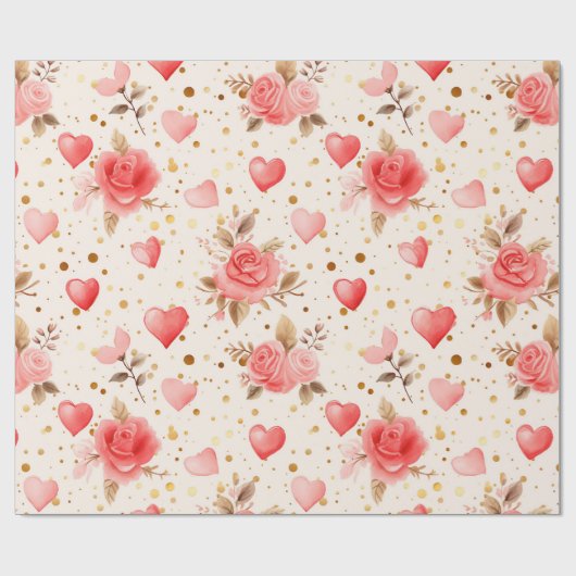 Valentijnse Roze Waterverf Rozen en harten Cadeaupapier (Vlak)