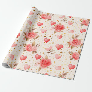 Valentijnse Roze Waterverf Rozen en harten Cadeaupapier