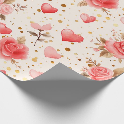 Valentijnse Roze Waterverf Rozen en harten Cadeaupapier (Hoek)