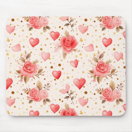 Valentijnse Roze Waterverf Rozen en harten Muismat (Voorkant)