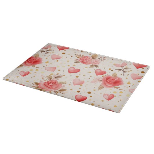 Valentijnse Roze Waterverf Rozen en harten Snijplank (Hoek)