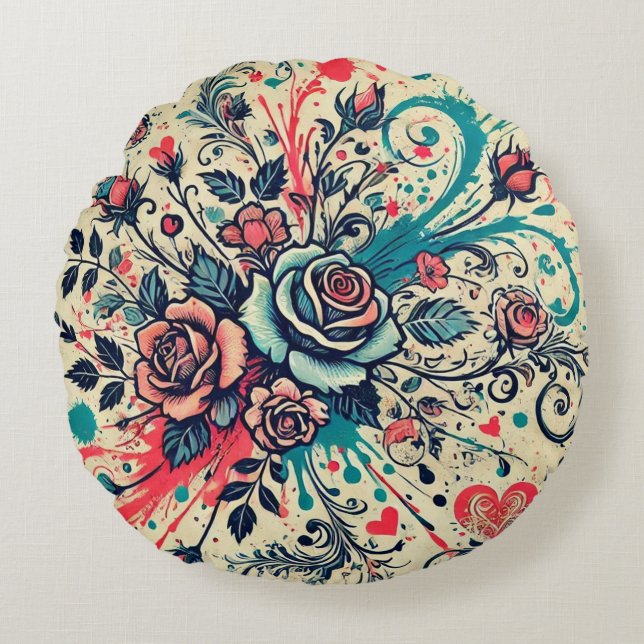 Valentijnse Rozen / Roze & Blauwgroen / Splatter A Rond Kussen (Voorkant)