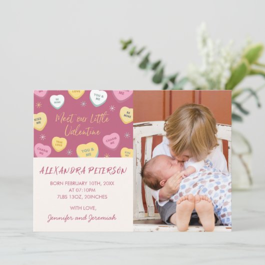 Valentijnse snoepjes Geboortekaartje Kleurrijk Har Aankondiging (Staand voorkant)