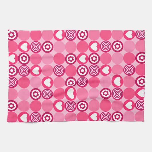 Valentijnse Stippen Schattige Roze Hart en Bloem P Theedoek (Horizontaal)