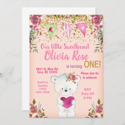 Valentijnse teddybeer 1e verjaardagsuitnodiging. kaart (Voorkant / Achterkant)